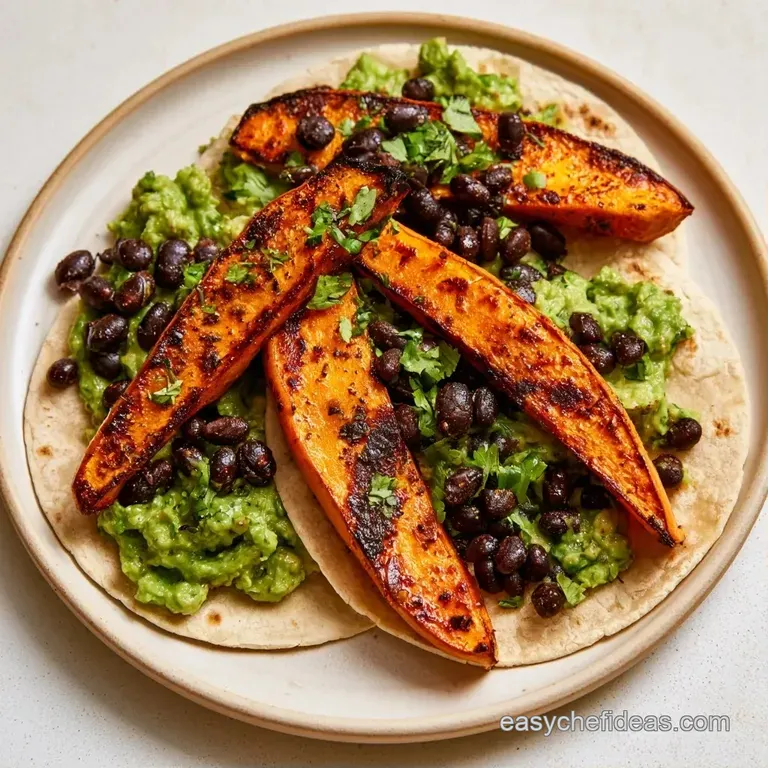 Roasted orange vegetables and dark beans in toasted shells, artfully arranged with lime wedges and fresh herbs.