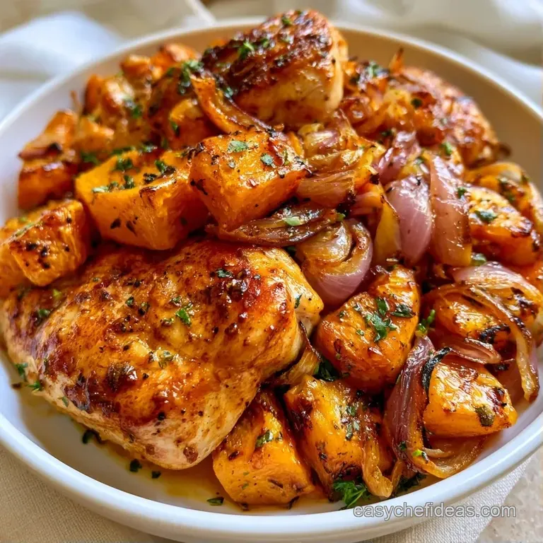 Roasted chicken breast atop tender cubes of orange squash on a white plate, drizzled with a glossy, savory pan sauce.