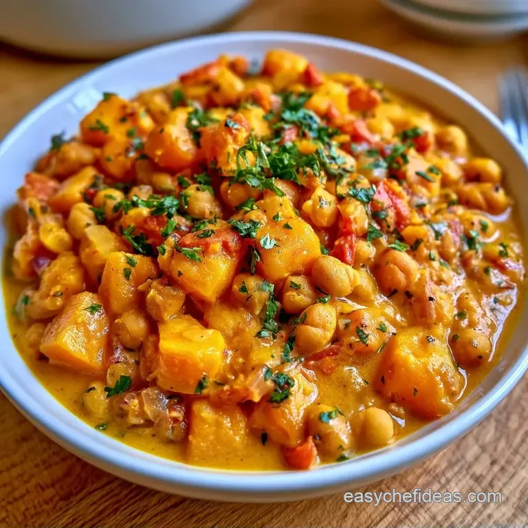 Elegant white bowl of vibrant orange stew atop fluffy white rice, topped with fresh cilantro and toasted seeds.