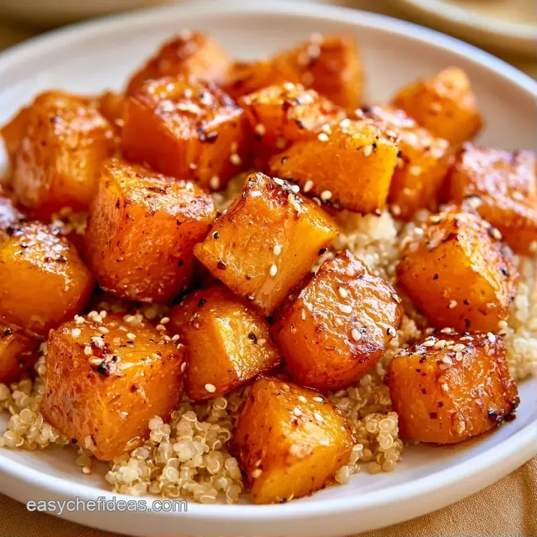 Vibrant orange roasted squash and fluffy quinoa on a white plate, accented by bright greens and creamy white feta.