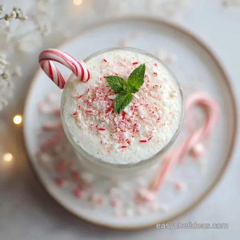 Tall milkshake in a clear glass, topped with fluffy cream, sprinkles, and candy cane. Festive presentation with a bright r...