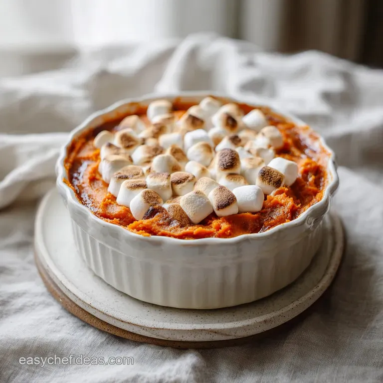 A generous scoop of fluffy sweet potato casserole, crowned with glossy, melted marshmallows and toasted nuts.