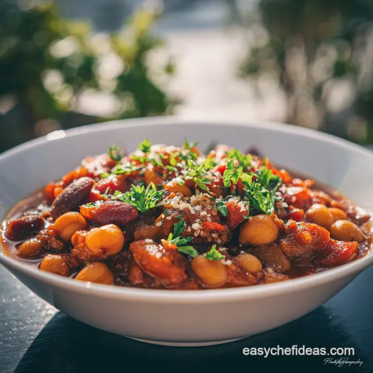 A spoonful of creamy baked beans glistening with olive oil, atop crusty bread with a sprinkle of fresh herbs, ready to be ...