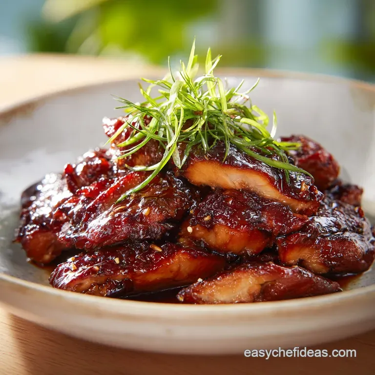 A single, beautifully glazed Char Siu chicken thigh on white plate, glistening and caramelized, with a side of bright greens.