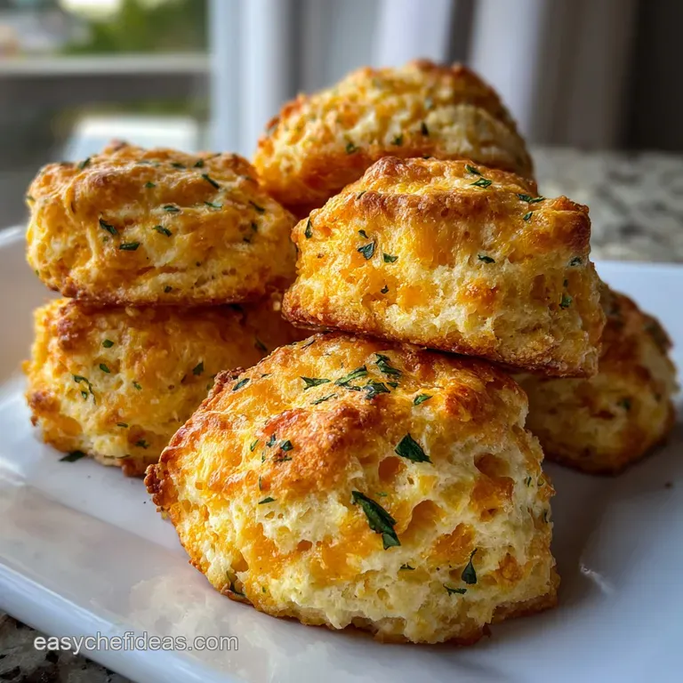 A stack of warm, fluffy cheddar biscuits, glistening with melted butter, served in a rustic woven basket on a wooden table.