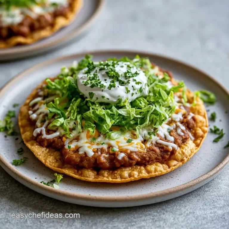 Three crunchy golden tortillas topped with melted cheese and fresh green lettuce arranged on a white ceramic platter.
