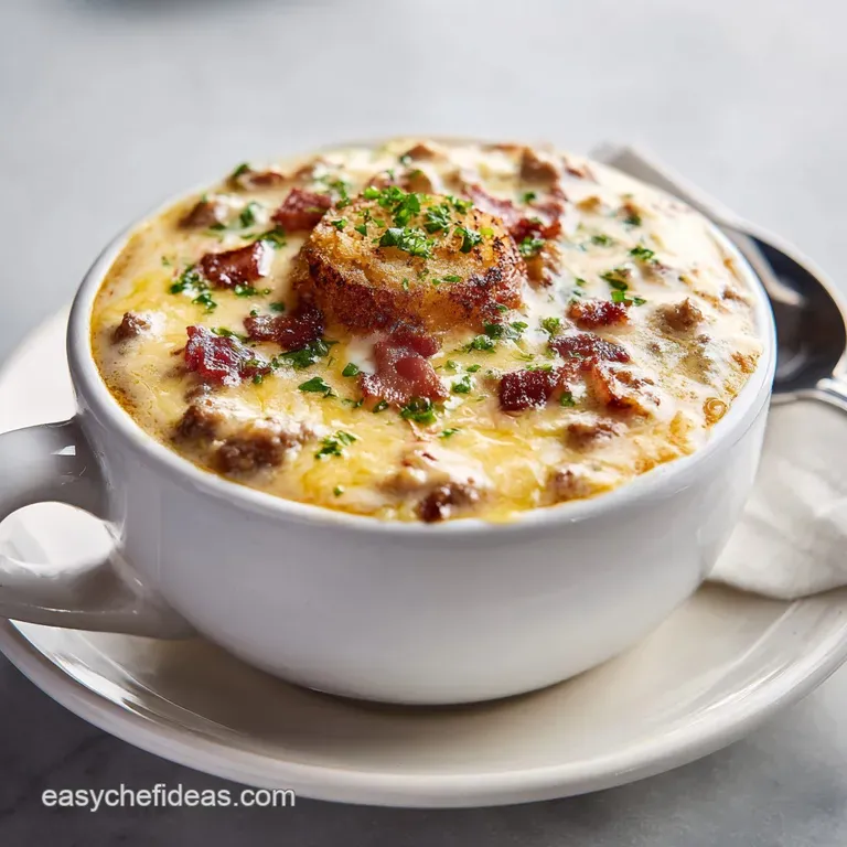 A steaming bowl of cheeseburger soup topped with melted cheese, crispy bacon, and fresh herbs, inviting and delicious.