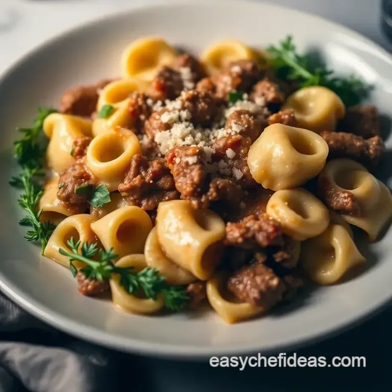 Cheesesteak Tortellini in Rich Provolone Sauce presentation