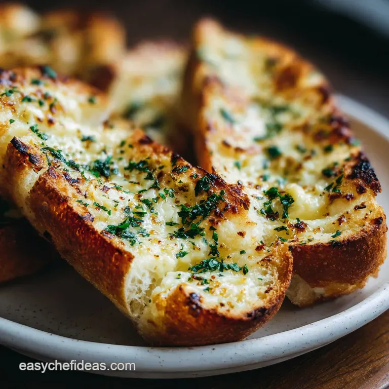 A single, crusty slice of cheesy garlic bread, steam rising, with a vibrant green parsley sprig against a dark wood board.