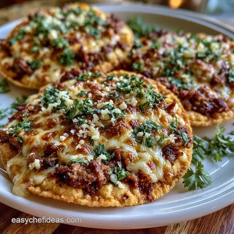 Platter of golden crunchy tortillas with seasoned meat, melted cheese, fresh cilantro, and bright red tomato slices.