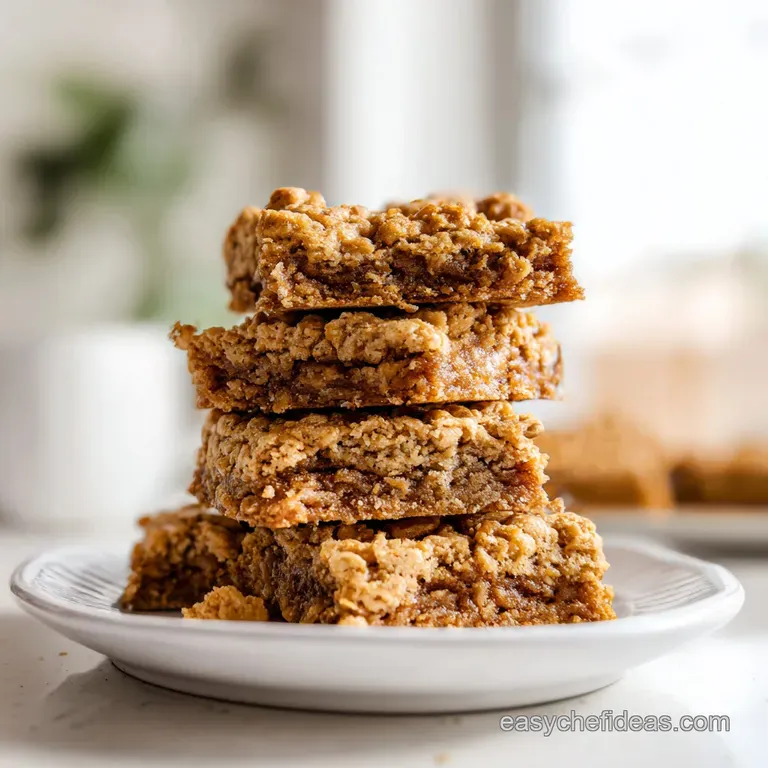 A stack of chewy, golden squares on a white ceramic plate, garnished with a drizzle of caramel and sea salt.