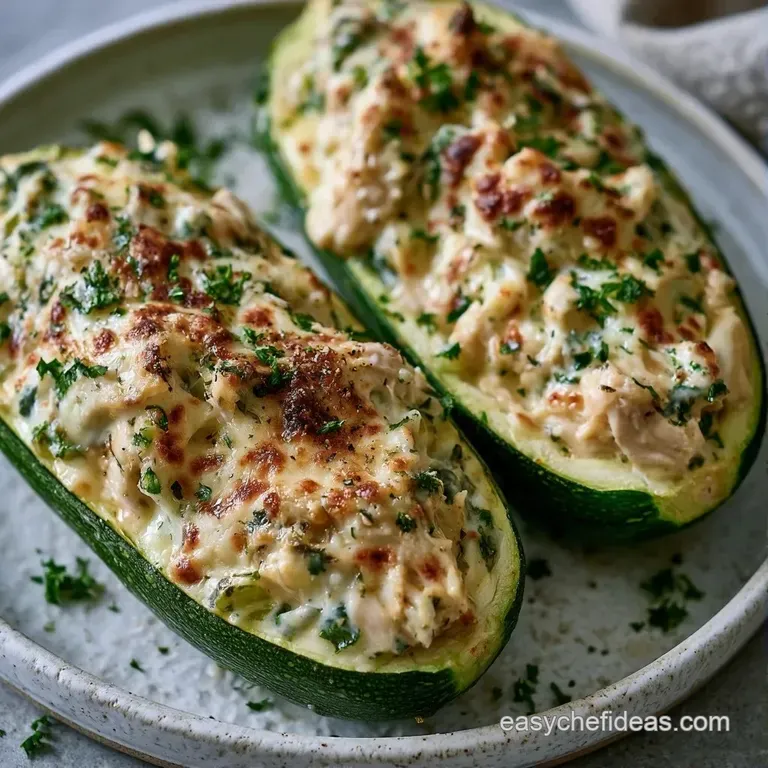 Two stuffed green zucchini boats on a white ceramic plate, drizzled with creamy white sauce and fresh herbs.