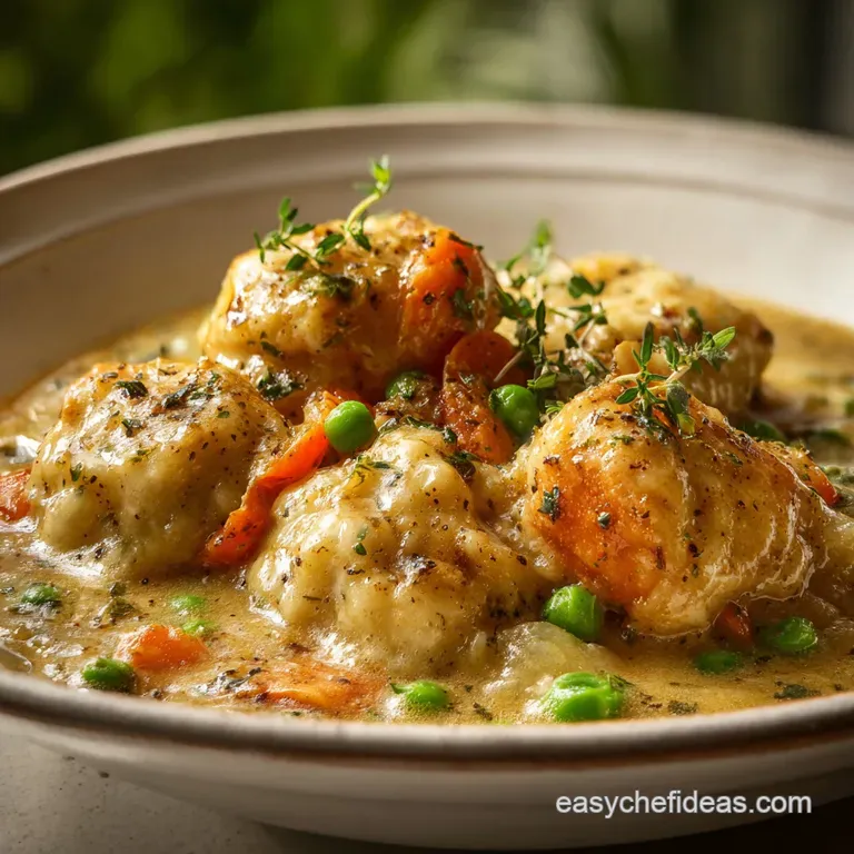 Elegant, single serving of fluffy dumplings and tender chicken in a light broth, garnished with vibrant parsley and black ...