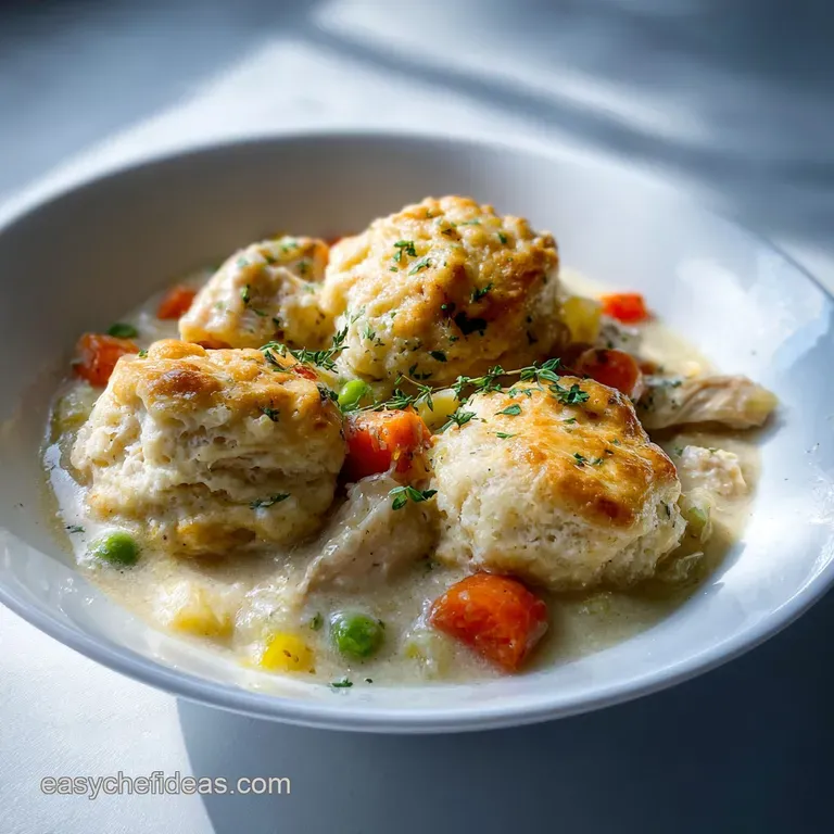 Chicken and dumplings in a rustic bowl, steam rising, garnished with fresh thyme sprigs. Comfort food.