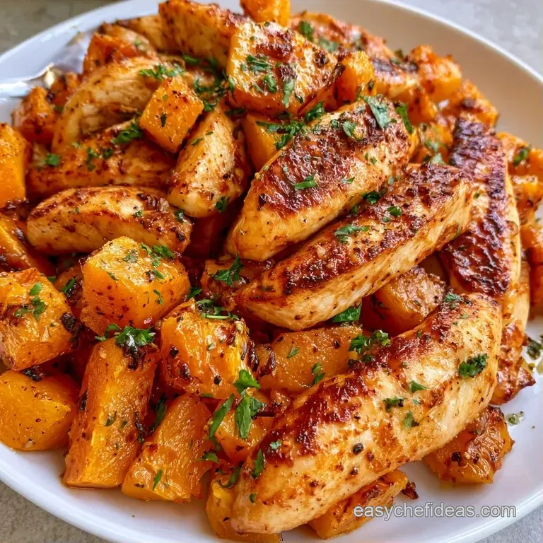 A bright ceramic platter featuring charred squash, sliced golden chicken, and crisp arugula drizzled with honey glaze.
