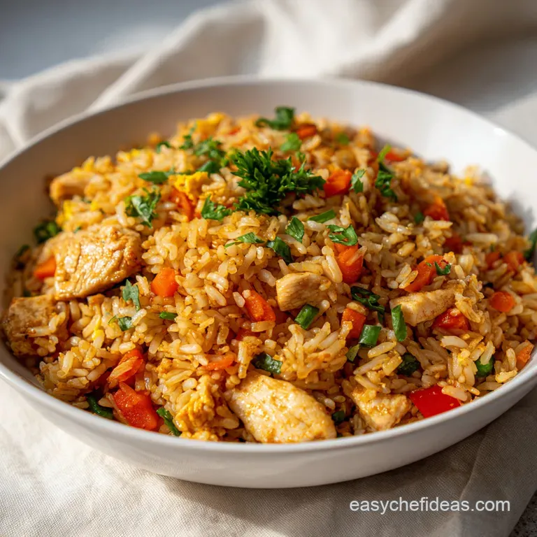 Chicken fried rice elegantly plated. Steaming rice reflects the light. Topped with sesame seeds and green onions.