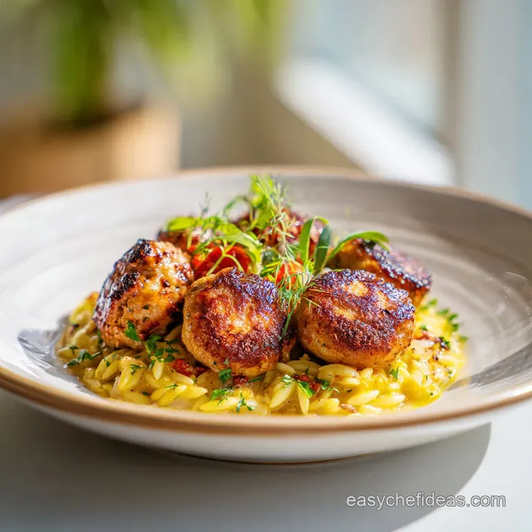 A shallow white bowl holding seared meatballs and creamy pasta, finished with a swirl of ricotta and cracked pepper.