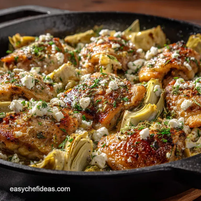 Chicken Thighs with Artichoke Hearts and Feta Chee Skillet presentation