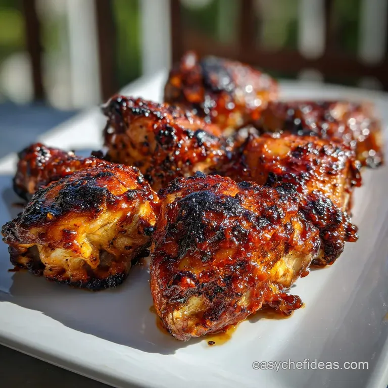 Garnished BBQ chicken thigh with a sprig of thyme, glistening with rich, reddish-brown glaze served on a rustic plate.