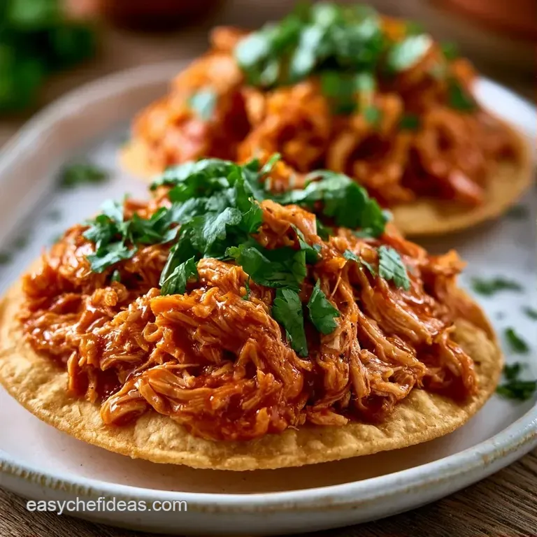 Colorful open-faced corn tortillas with red savory chicken, white cotija cheese, and bright green avocado slices.
