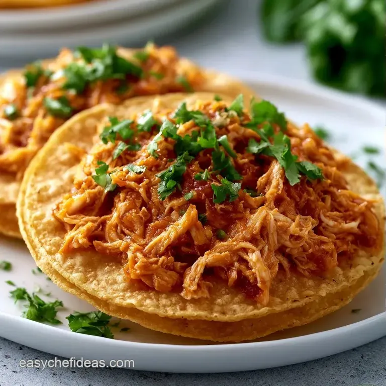 Three crispy tortillas topped with reddish shredded chicken, white cream swirls, and vibrant green avocado slices.