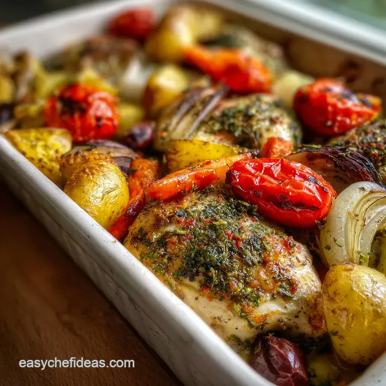 Perfectly arranged roasted chicken and vegetables plated, featuring vibrant colors, glistening glaze, and a sprinkle of fr...
