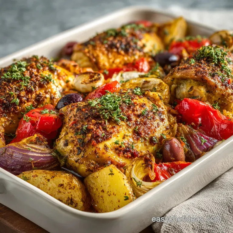 Overhead shot of colorful roasted vegetables and chicken on a sheet pan, slightly charred edges with glistening herbs. Rea...