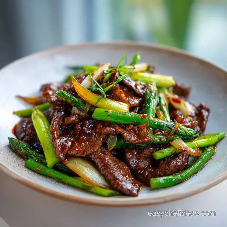 Steaming beef and onion stir-fry elegantly plated, sprinkled with sesame seeds and garnished with bright green scallions o...