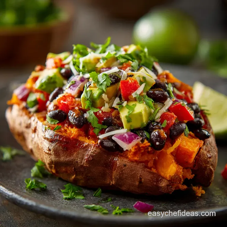 Loaded Vegetarian Baked Sweet Potato: Chipotle Black Bean Comfort Food presentation