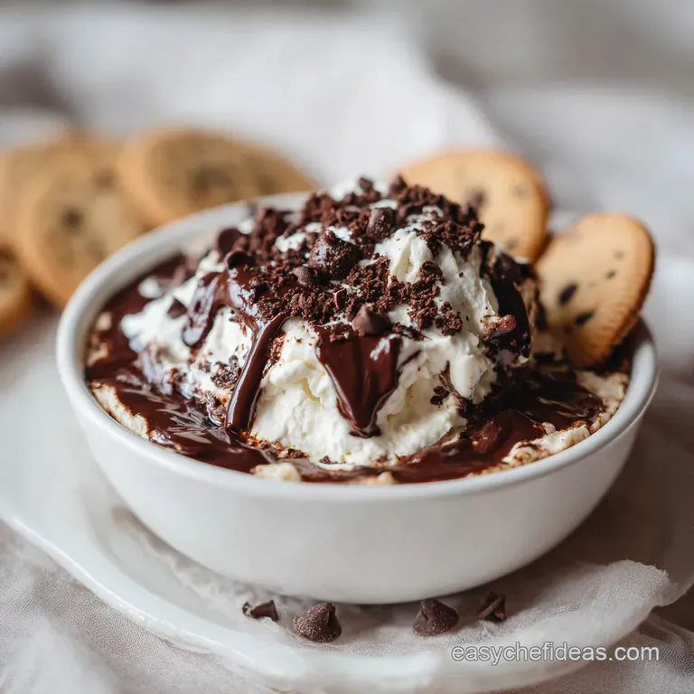 Whipped cheesecake dip in a martini glass, drizzled with dark chocolate and sprinkled with chocolate chips, served with gr...