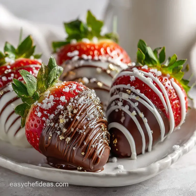 Elegant arrangement of chocolate-covered strawberries; some drizzled with white chocolate, showcasing a tempting, glossy f...