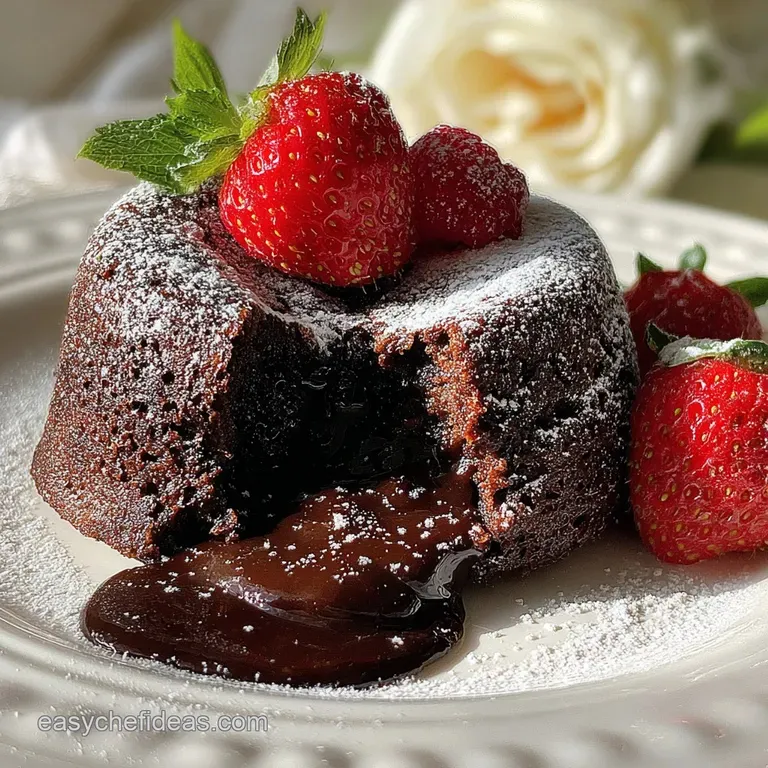 Individual chocolate lava cake on a white plate, molten center exposed. Garnished with fresh raspberries and a sprig of mi...
