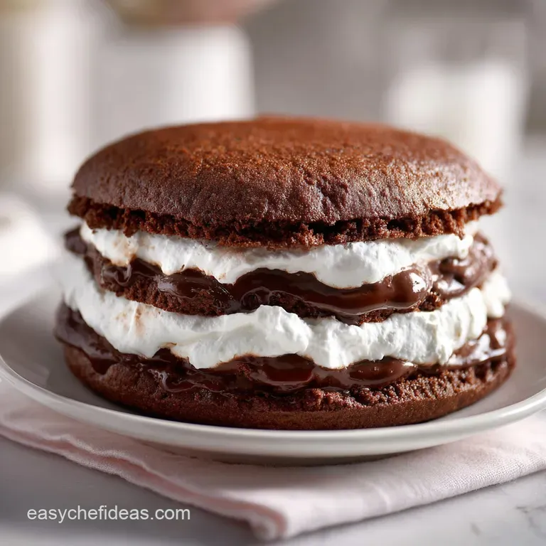 A single chocolate whoopie pie rests on a white plate, powdered sugar dusting its dark surface, highlighting the fluffy cr...