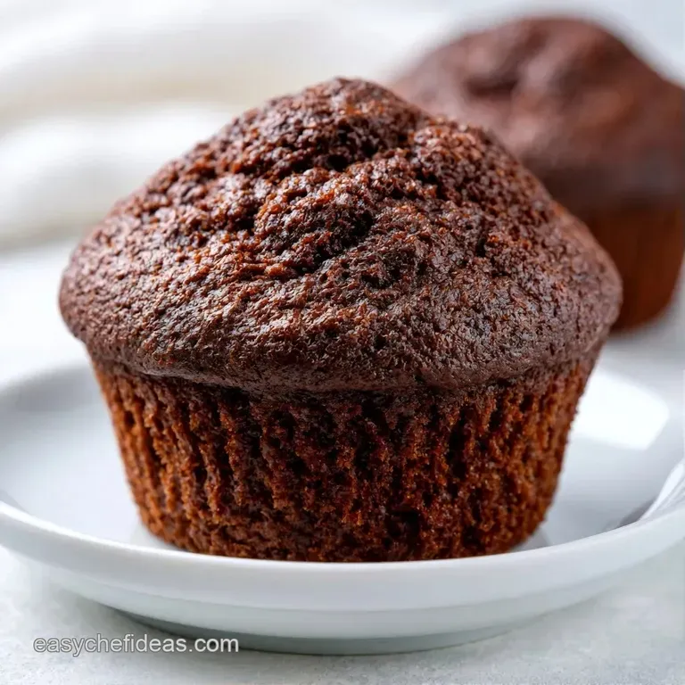 A neat stack of dark cocoa muffins on a white ceramic plate with a light dusting of sugar and a sprig of fresh mint.