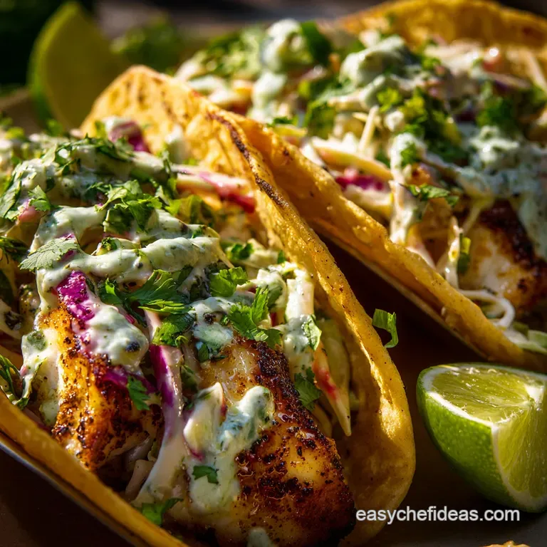 Cilantro Lime Fish Tacos with Crisp Chipotle Cr&egrave;me Slaw presentation