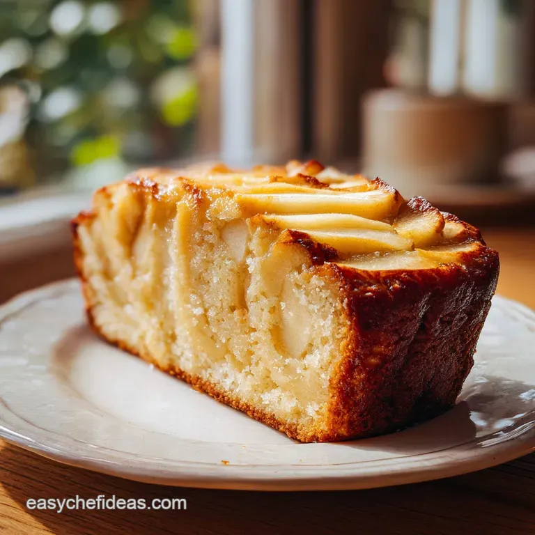 A warm slice of golden-brown apple cake on a white plate, topped with a dollop of whipped cream and cinnamon.