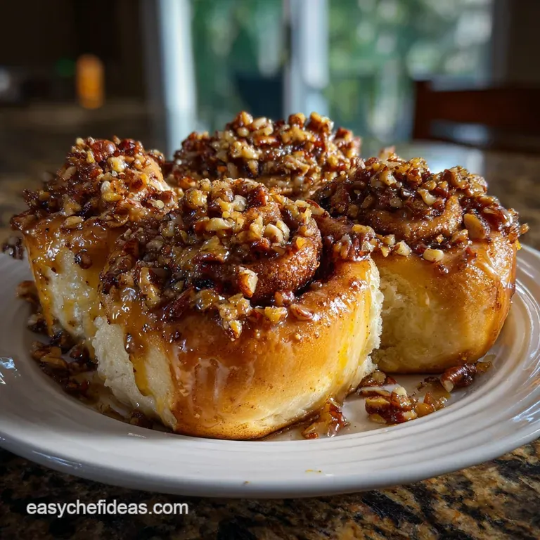 Warm, fluffy cinnamon roll drizzled with icing on a white plate. Hints of steam rising, alongside a sprig of fresh greener...