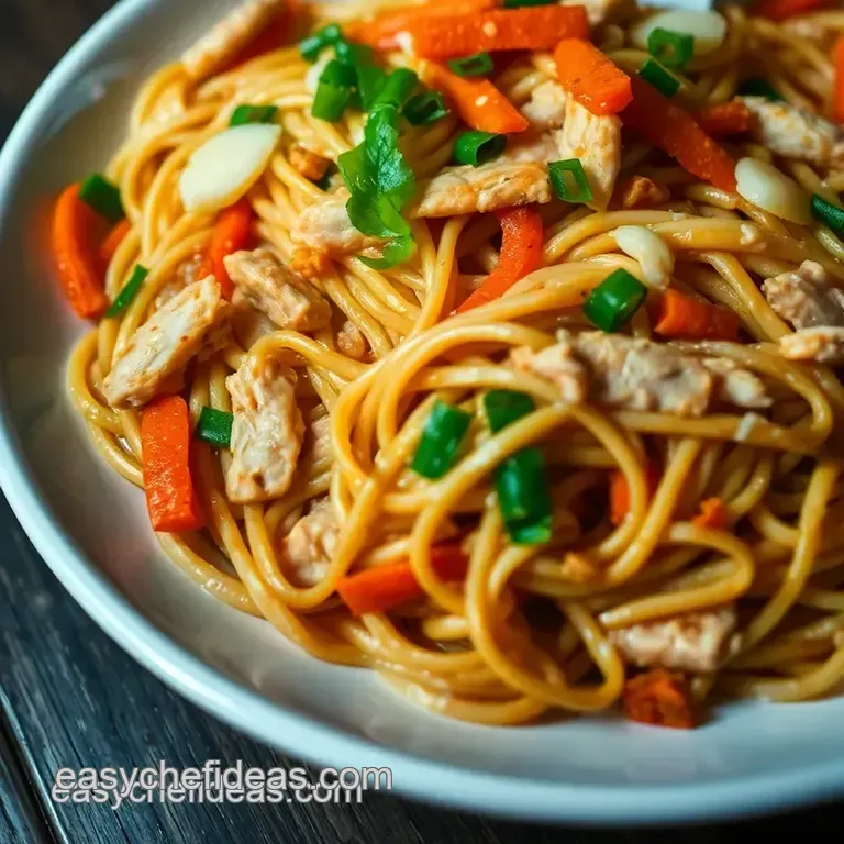 Classic Chow Mein with Stir-Fried Vegetables and Chicken presentation