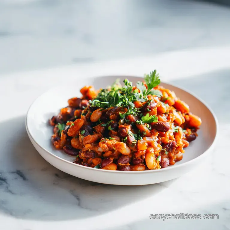 Cowboy beans served in a rustic bowl, steam rising, garnished with fresh cilantro and a crispy bacon strip, inviting warmth.