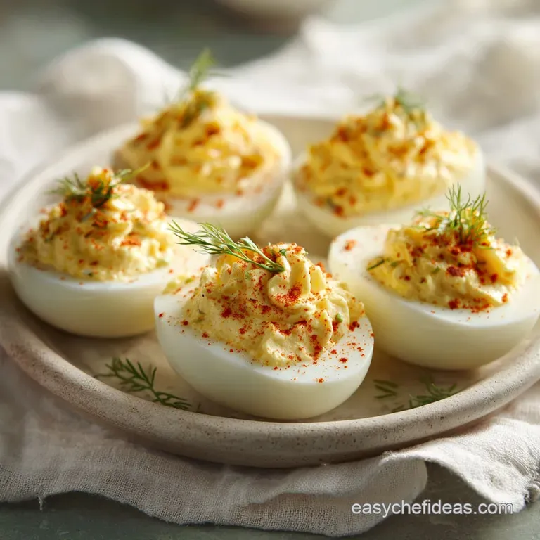 Two perfectly formed deviled eggs, a velvety mound of filling topped with chives, presented elegantly on a dark slate.