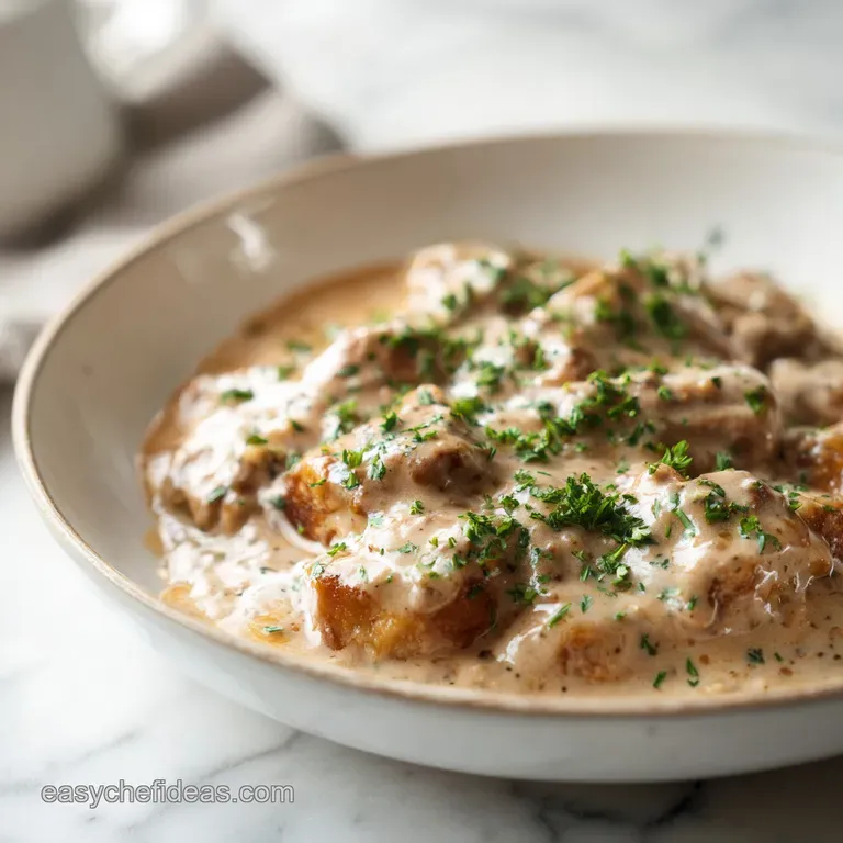 A fluffy biscuit cradles a generous dollop of steaming, rich sausage gravy, topped with black pepper.