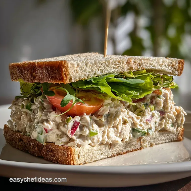 Classic tuna salad sandwich cut in half revealing flaky tuna and mayonnaise. Side of chips and pickle complete the lunch p...
