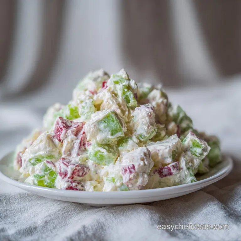 Watergate salad in a stemmed glass, showcasing its creamy texture. Garnished with chopped nuts and a maraschino cherry on ...