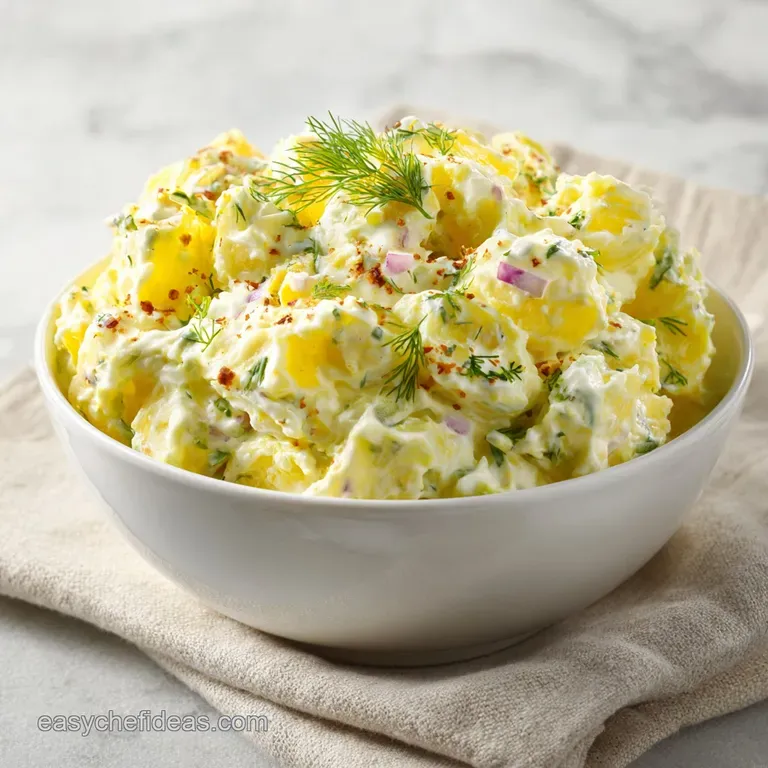 A rustic bowl of Yukon Gold potato salad, generously garnished with chopped parsley and a sprinkle of black pepper.