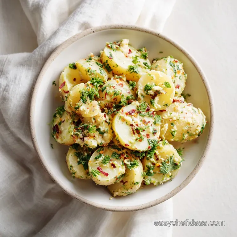A dollop of creamy potato salad, garnished with fresh parsley sprigs, sits invitingly on a white plate.