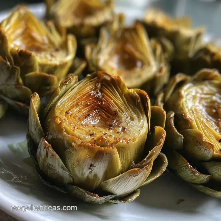Plated artichoke halves, drizzled with golden olive oil, sprinkled with flaky salt, and garnished with a sprig of fresh th...