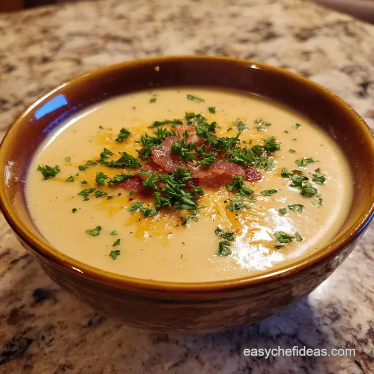 Elegant bowl of potato soup garnished with fresh green chives, crispy bacon crumbles, and a drizzle of cream for richness.