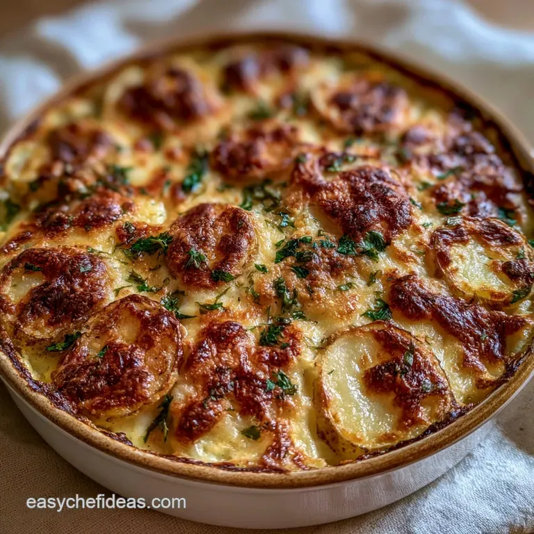A square slice of layered potatoes with melted cheese, served on a white porcelain plate with a sprig of parsley.