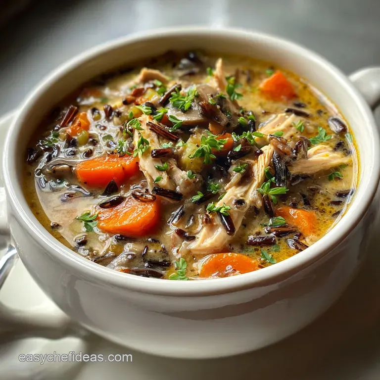 Close-up of a bowl of rich, creamy chicken soup, garnished with vibrant green herbs and a swirl of cream on top.