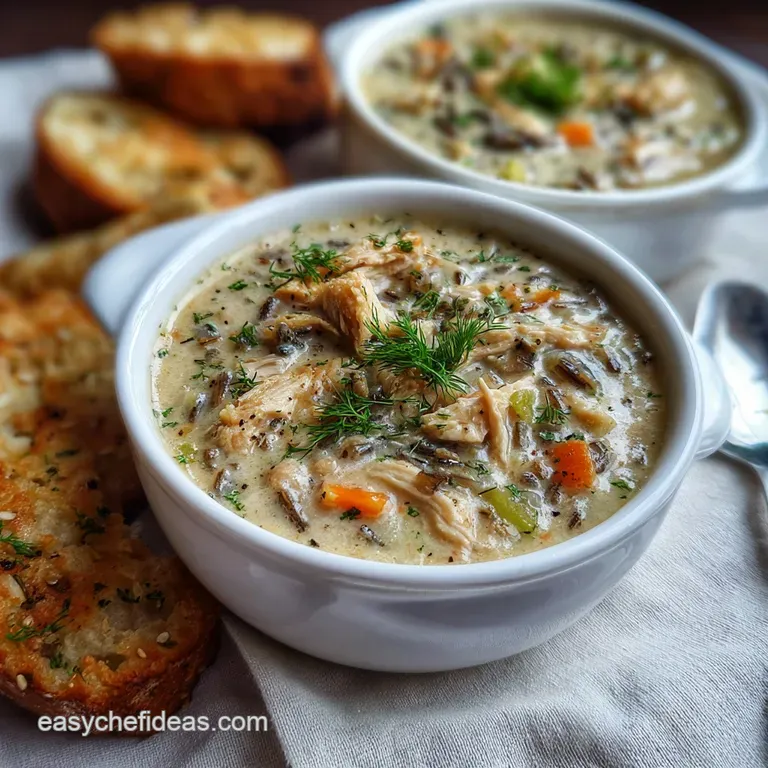 Overhead shot of creamy, golden chicken soup in a white bowl, garnished with fresh herbs and surrounded by fall foliage.